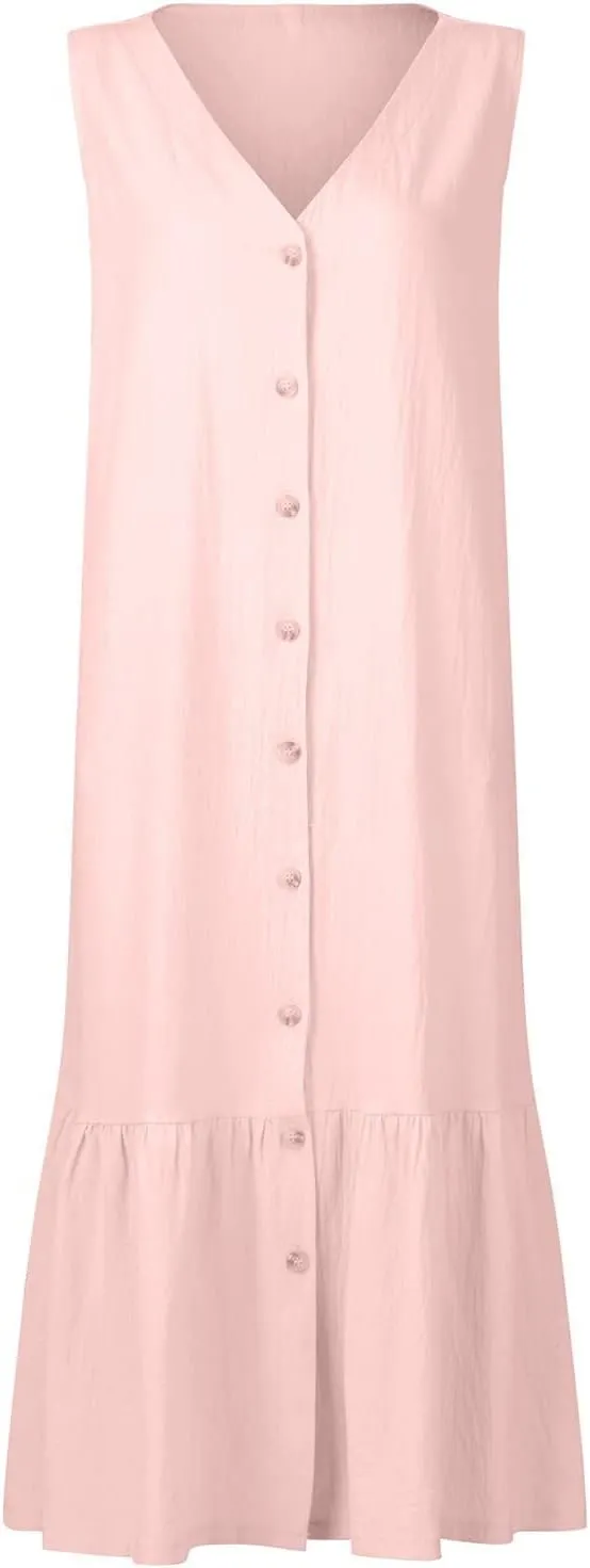 Women's Summer Cotton Linen Long Dress Sleeveless V Neck Button Down Tank Dresses Plus Size Loose Flowy Dress Pockets