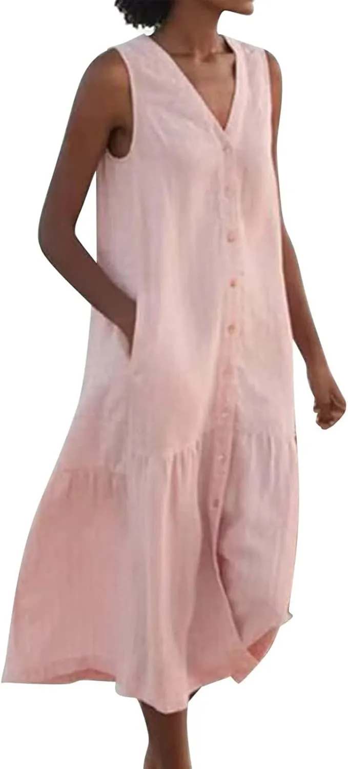 Women's Summer Cotton Linen Long Dress Sleeveless V Neck Button Down Tank Dresses Plus Size Loose Flowy Dress Pockets
