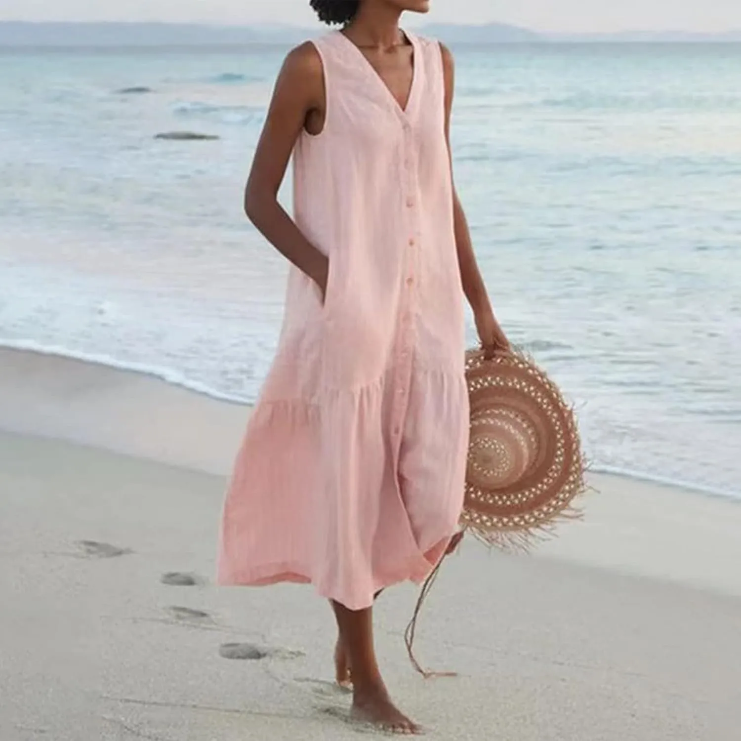 Women's Summer Cotton Linen Long Dress Sleeveless V Neck Button Down Tank Dresses Plus Size Loose Flowy Dress Pockets