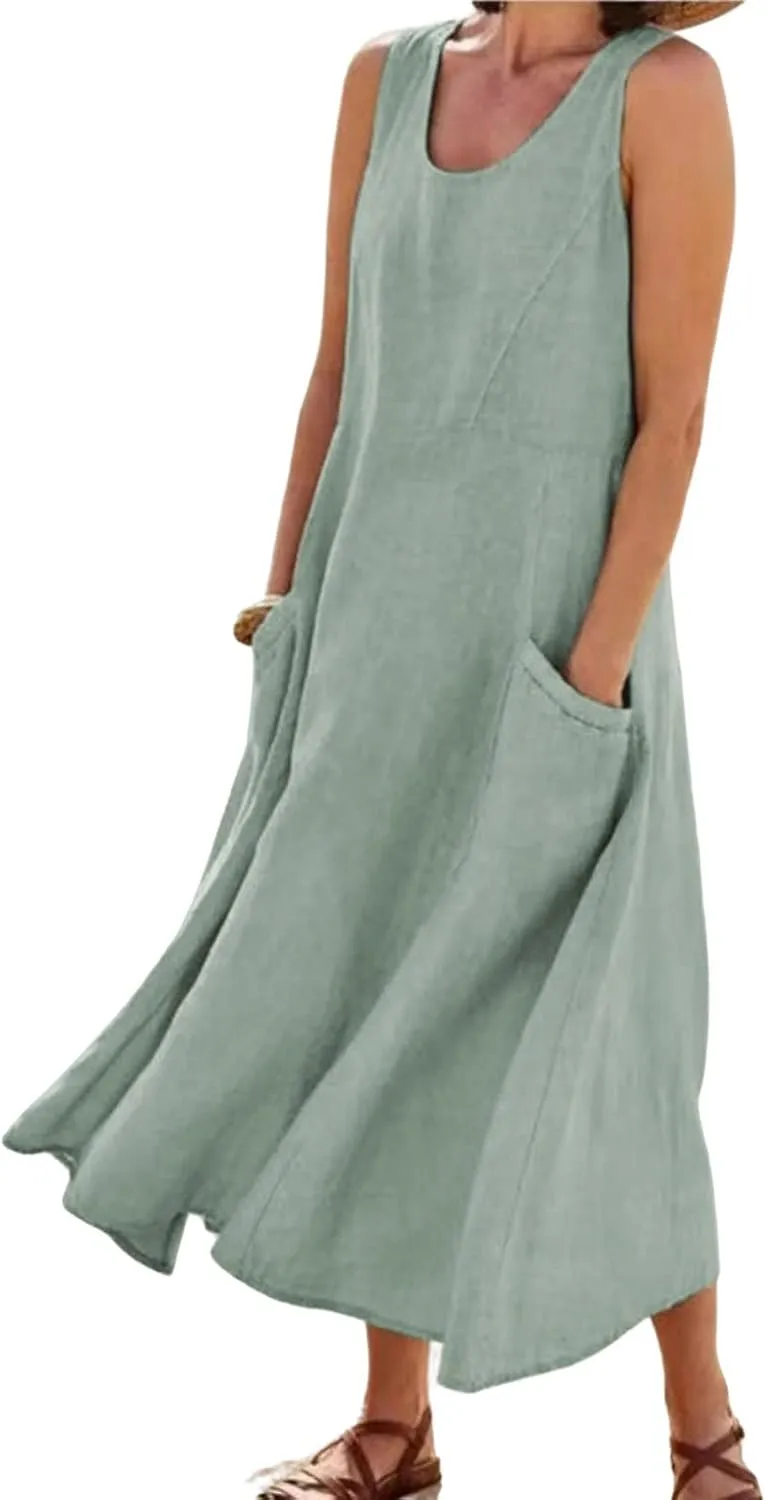 Women's Summer Cotton Linen Sleeveless Tank Long Dress Elegant Flowy Dresses Baggy Loose Solid Flowy Dresses Pockets