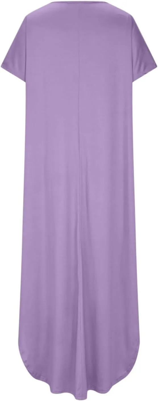 Women's Summer Maxi Dress Short Sleeve V Neck Casual Loose Long Beach Split Dresses with Pockets