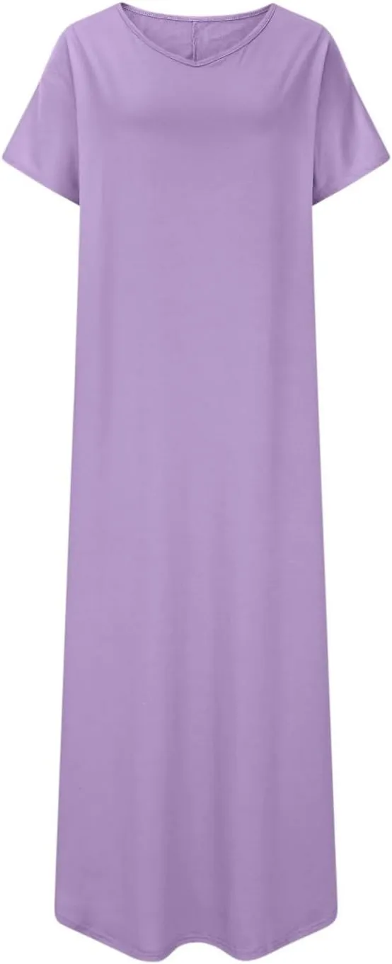 Women's Summer Maxi Dress Short Sleeve V Neck Casual Loose Long Beach Split Dresses with Pockets