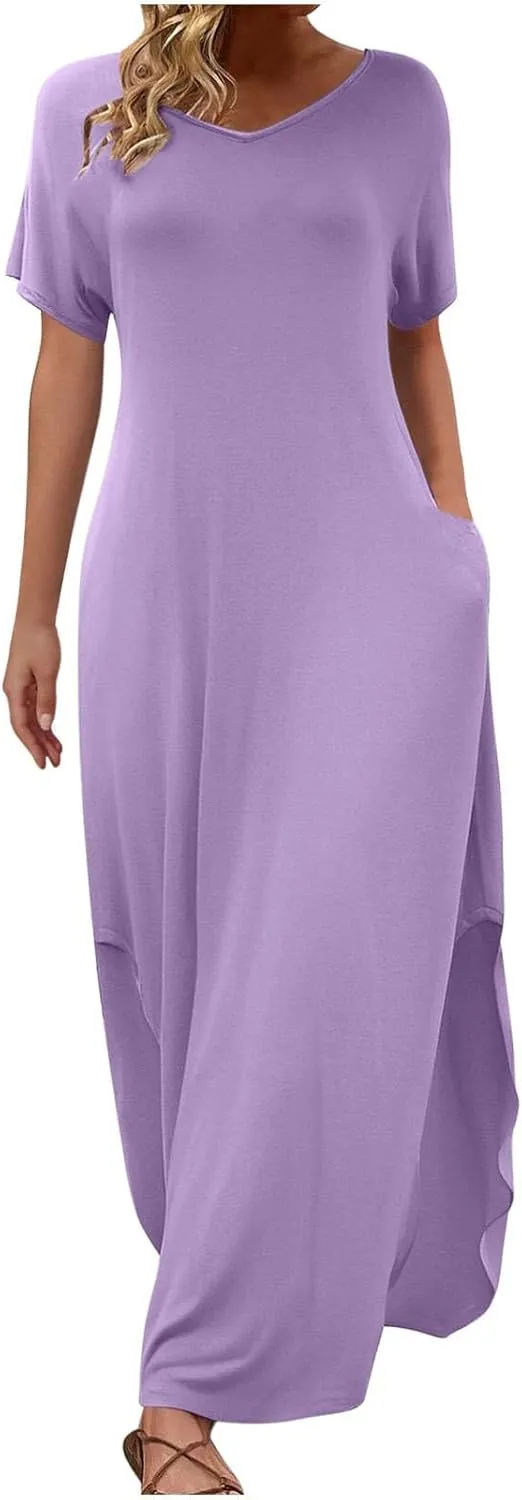 Women's Summer Maxi Dress Short Sleeve V Neck Casual Loose Long Beach Split Dresses with Pockets