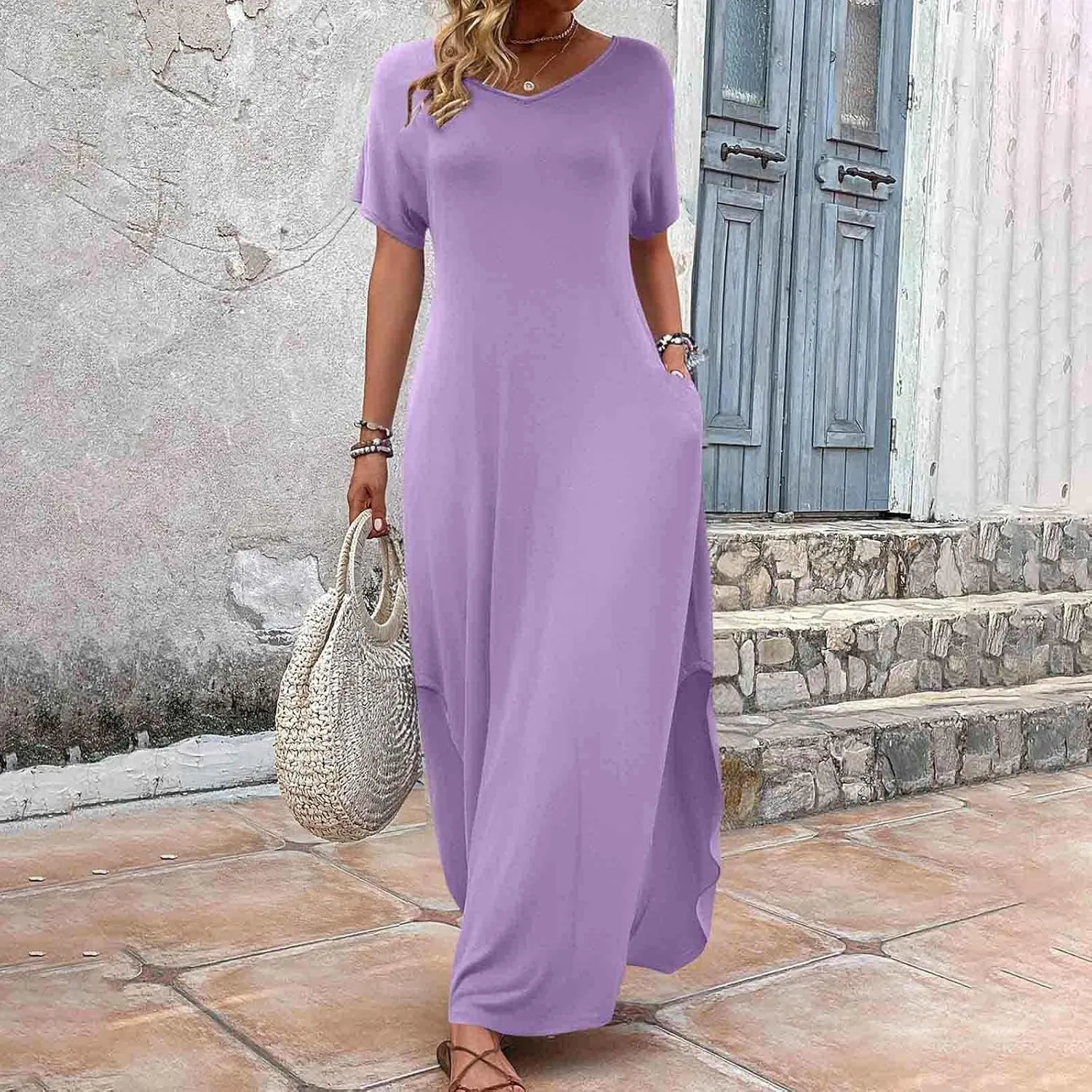 Women's Summer Maxi Dress Short Sleeve V Neck Casual Loose Long Beach Split Dresses with Pockets