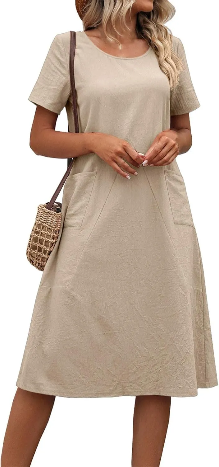 Womens Summer T Shirt Dresses with Pockets Cotton Linen Casual Loose Short Sleeve Tunic Dress Solid Basic Slim Dress