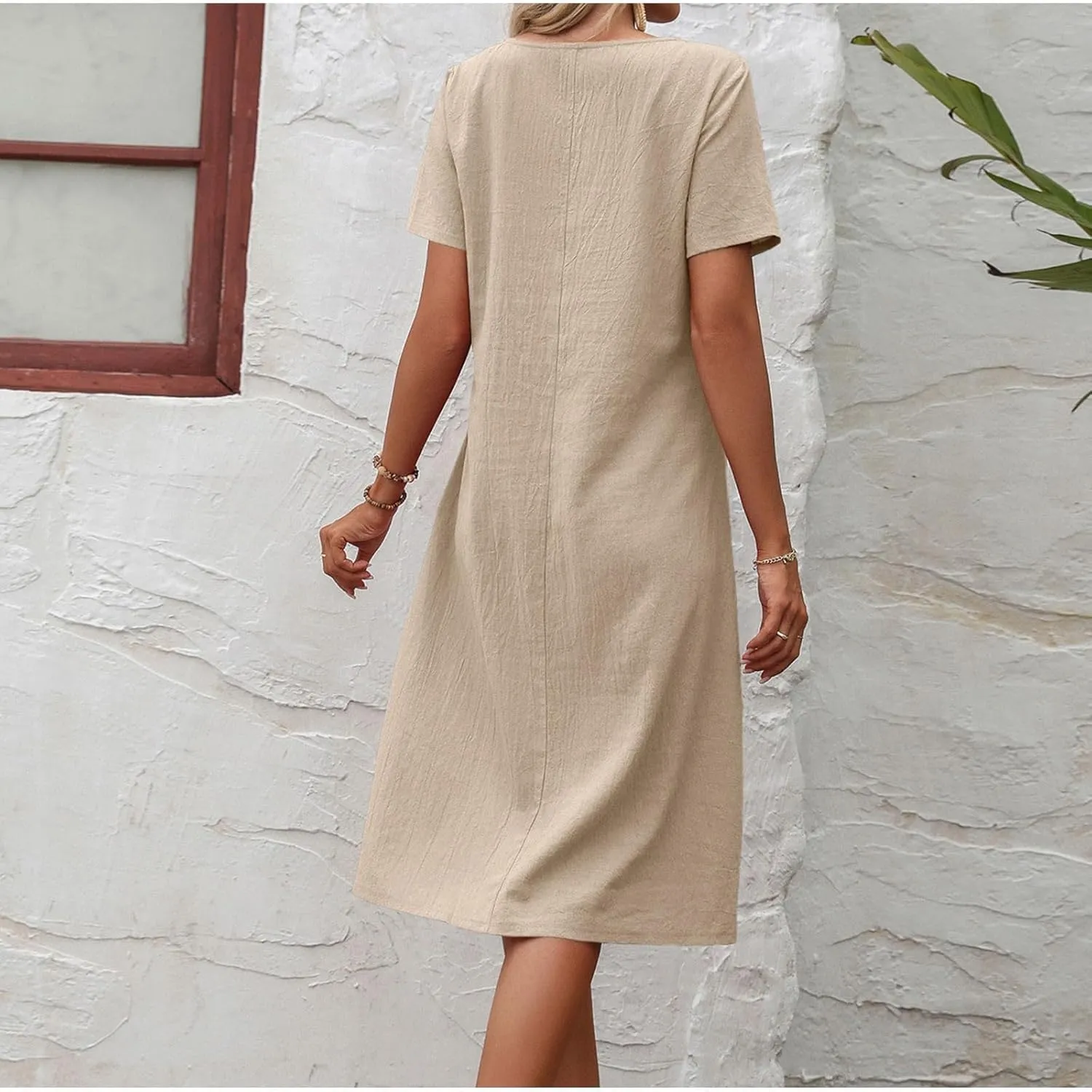 Womens Summer T Shirt Dresses with Pockets Cotton Linen Casual Loose Short Sleeve Tunic Dress Solid Basic Slim Dress