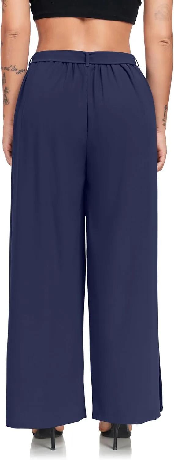 Women's Wide Leg Pants High Waist Tie Knot Front with Pockets Flowy Casual Palazzo Trousers