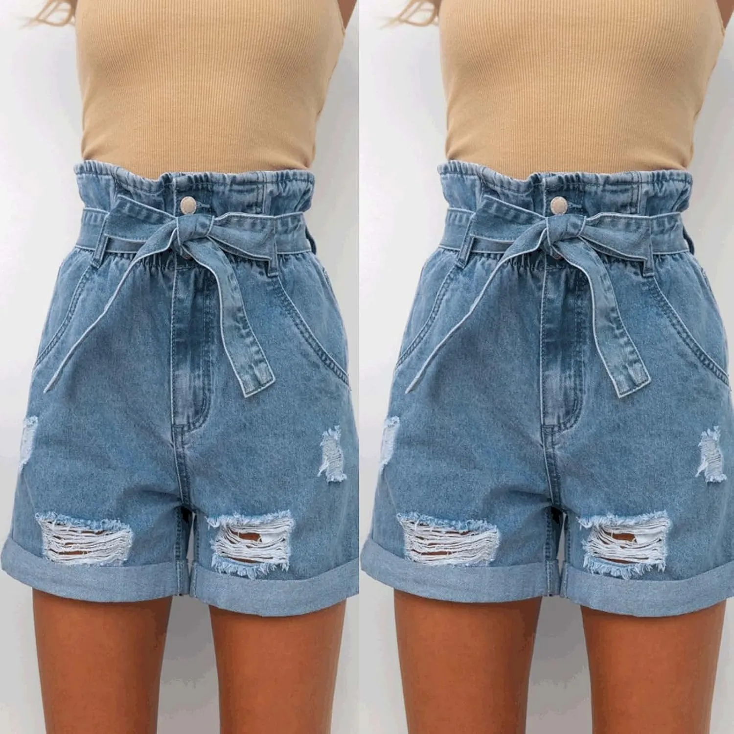 XUNRYAN Jean Shorts Womens High Waisted Stretchy Ripped Jeans Belted Summer Dress Pants Athletic Denim Shorts with Pockets