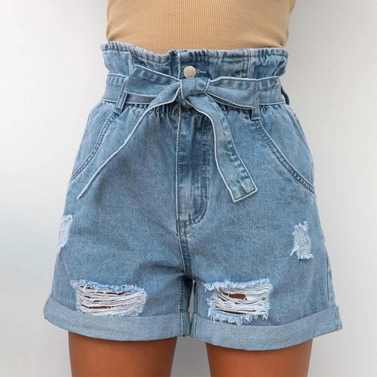XUNRYAN Jean Shorts Womens High Waisted Stretchy Ripped Jeans Belted Summer Dress Pants Athletic Denim Shorts with Pockets