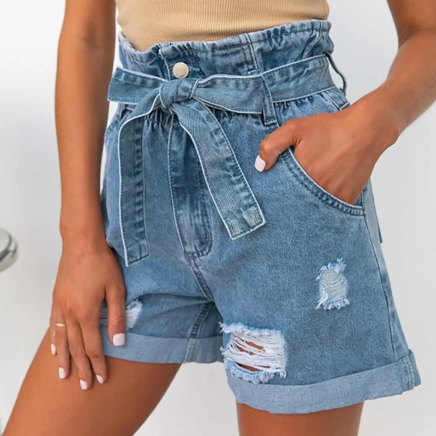 XUNRYAN Jean Shorts Womens High Waisted Stretchy Ripped Jeans Belted Summer Dress Pants Athletic Denim Shorts with Pockets