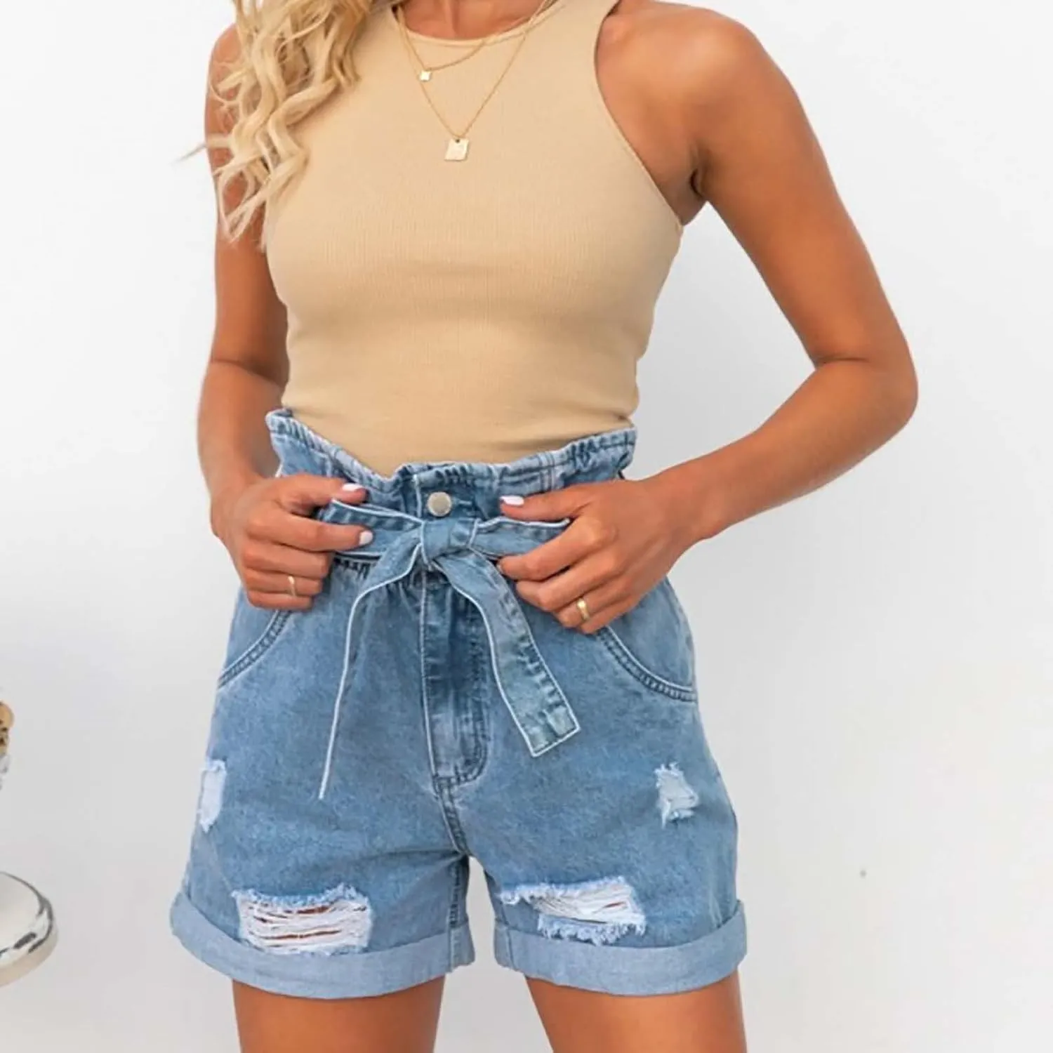 XUNRYAN Jean Shorts Womens High Waisted Stretchy Ripped Jeans Belted Summer Dress Pants Athletic Denim Shorts with Pockets
