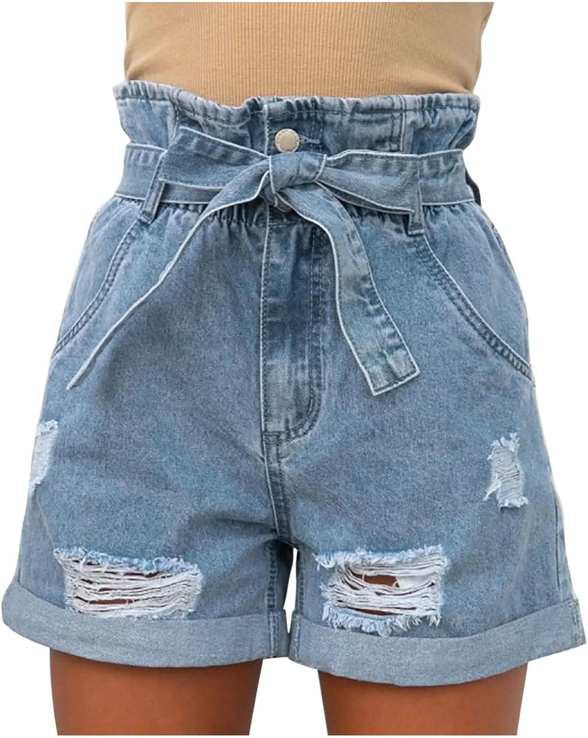 XUNRYAN Jean Shorts Womens High Waisted Stretchy Ripped Jeans Belted Summer Dress Pants Athletic Denim Shorts with Pockets