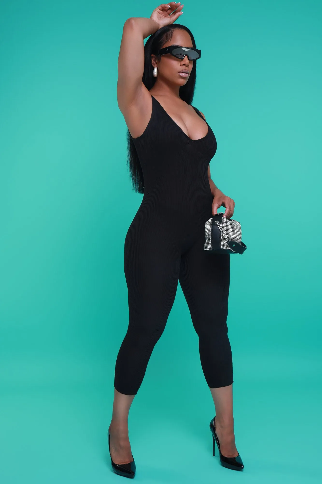 Yours Truly Sleeveless Ribbed Jumpsuit - Black