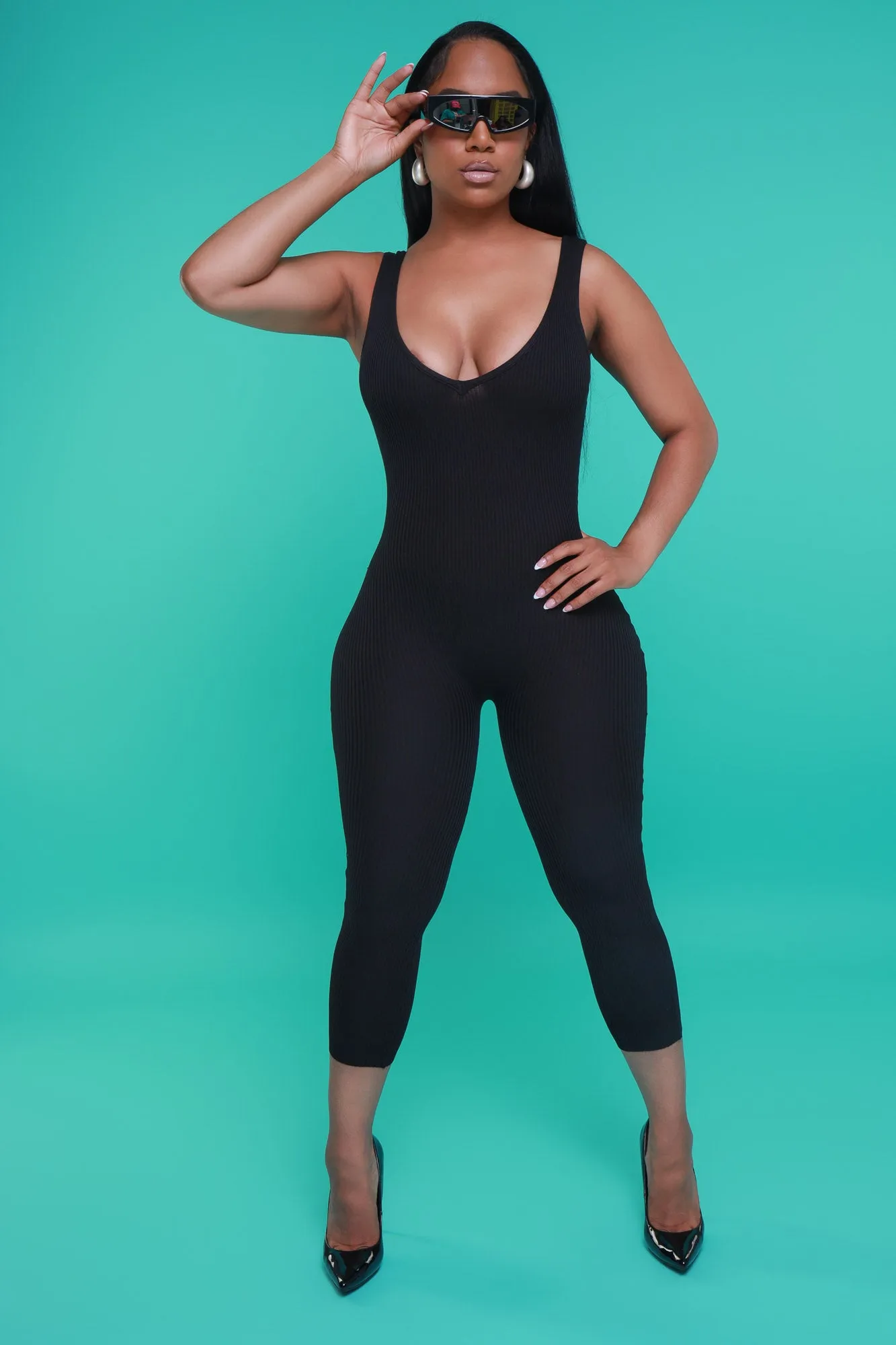 Yours Truly Sleeveless Ribbed Jumpsuit - Black