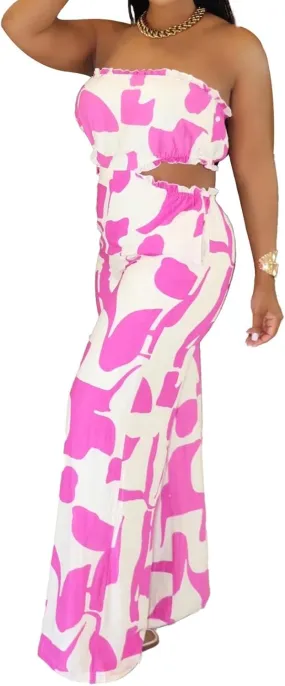 Yuopeid Women's Casual Jumpsuit Stretchy Tube Backless Printed Wide Leg Rompers Outfits With Pockets