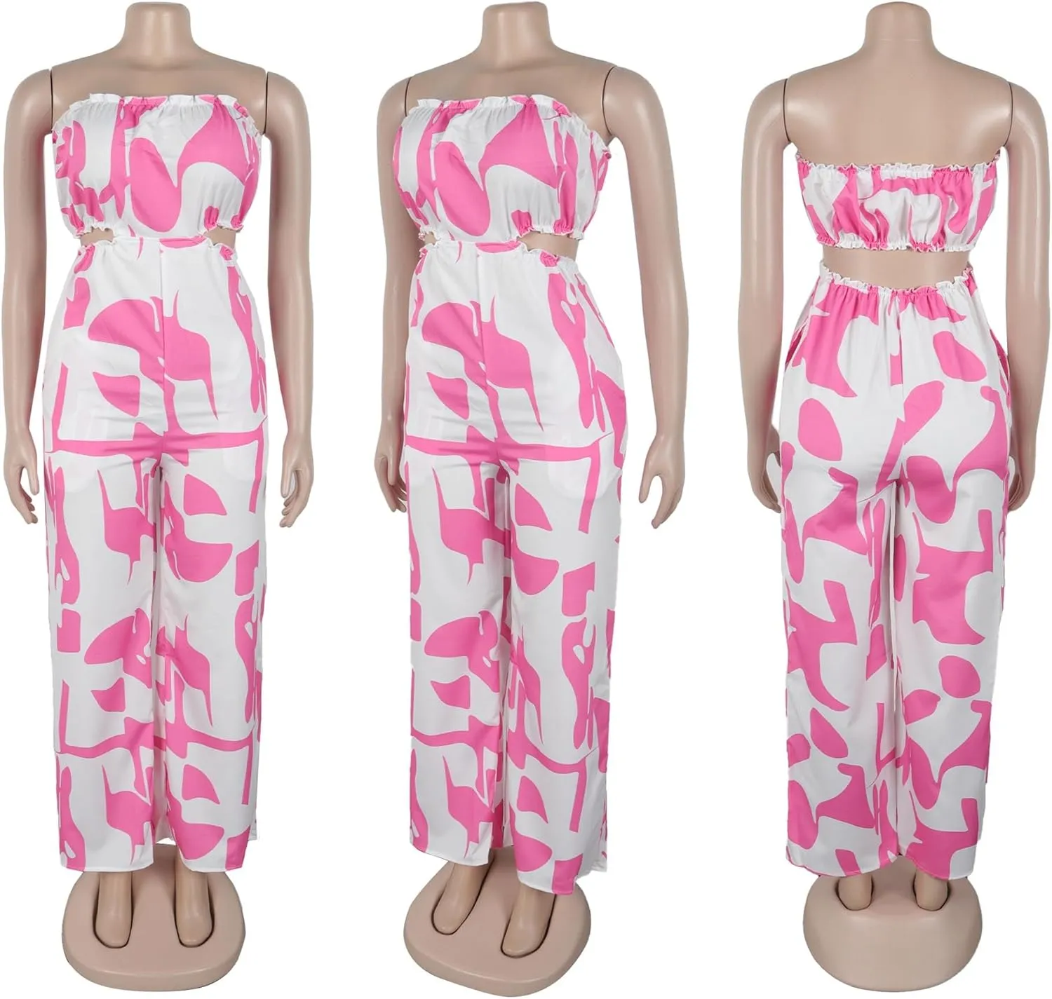 Yuopeid Women's Casual Jumpsuit Stretchy Tube Backless Printed Wide Leg Rompers Outfits With Pockets