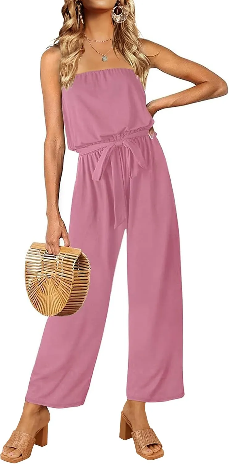 ZESICA Women's Casual Off Shoulder Solid Color Strapless Belted Wide Leg Jumpsuit Romper