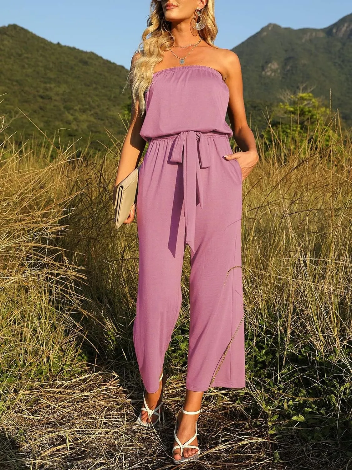 ZESICA Women's Casual Off Shoulder Solid Color Strapless Belted Wide Leg Jumpsuit Romper