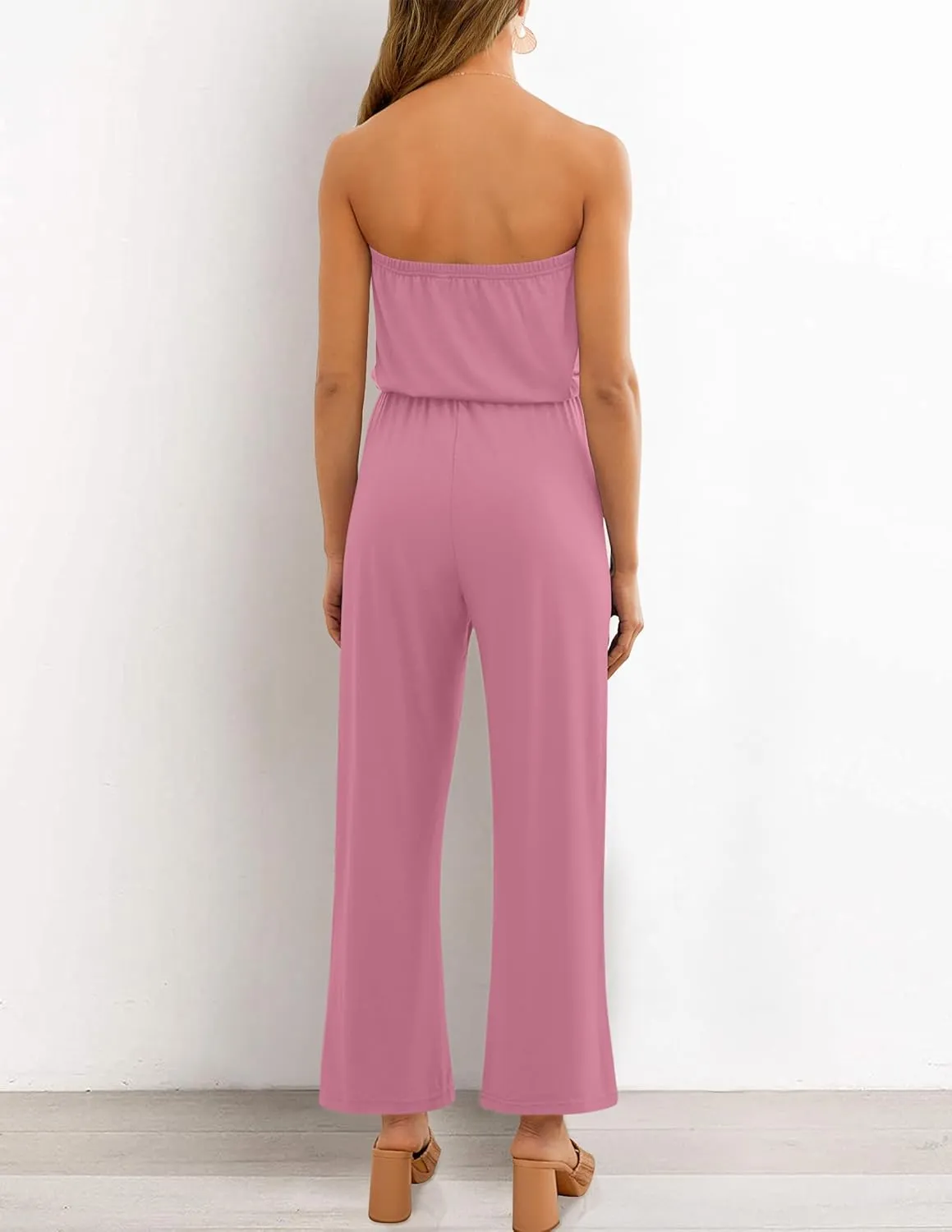 ZESICA Women's Casual Off Shoulder Solid Color Strapless Belted Wide Leg Jumpsuit Romper