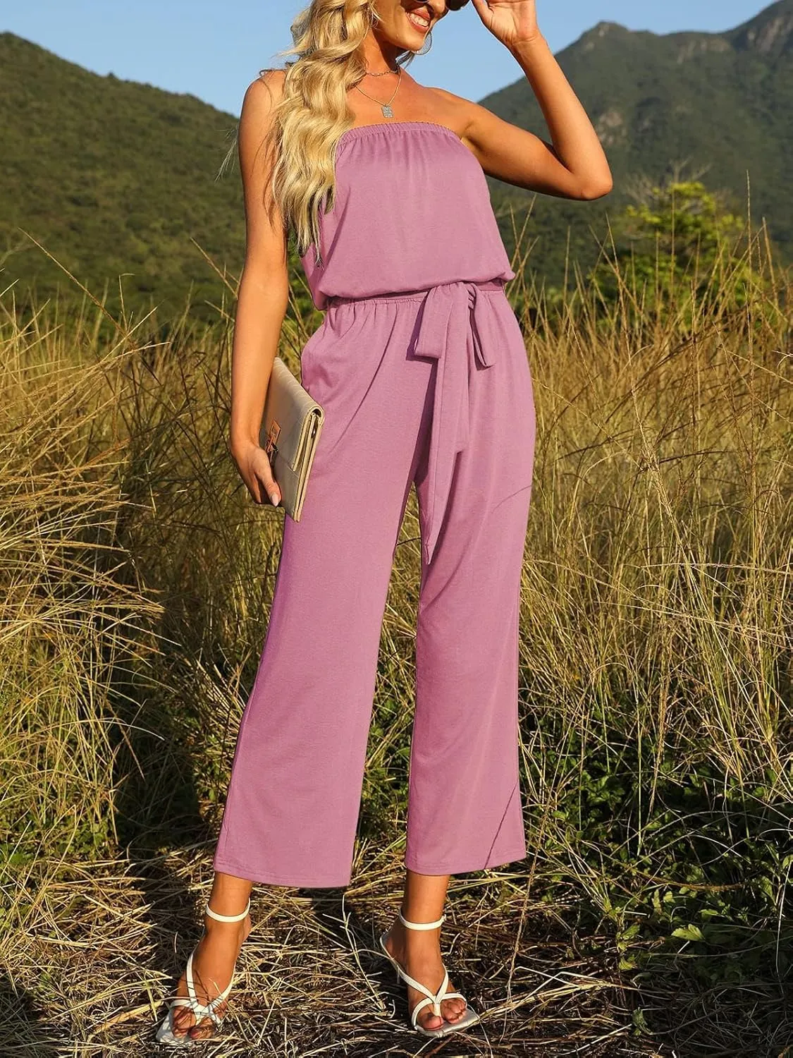 ZESICA Women's Casual Off Shoulder Solid Color Strapless Belted Wide Leg Jumpsuit Romper
