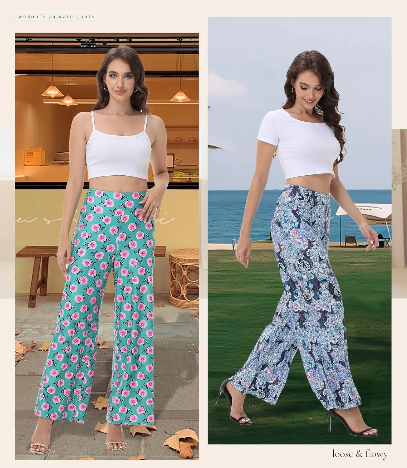 ZOOSIXX Wide Leg Palazzo Pants for Women - High Waist Casual Beach Lounge Pants Loose Dress Pants Stretchy Trousers