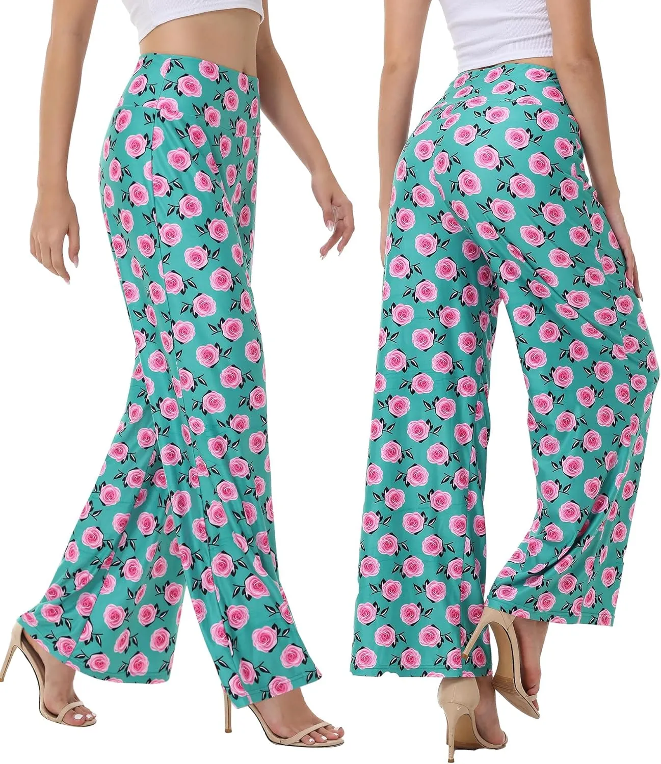 ZOOSIXX Wide Leg Palazzo Pants for Women - High Waist Casual Beach Lounge Pants Loose Dress Pants Stretchy Trousers